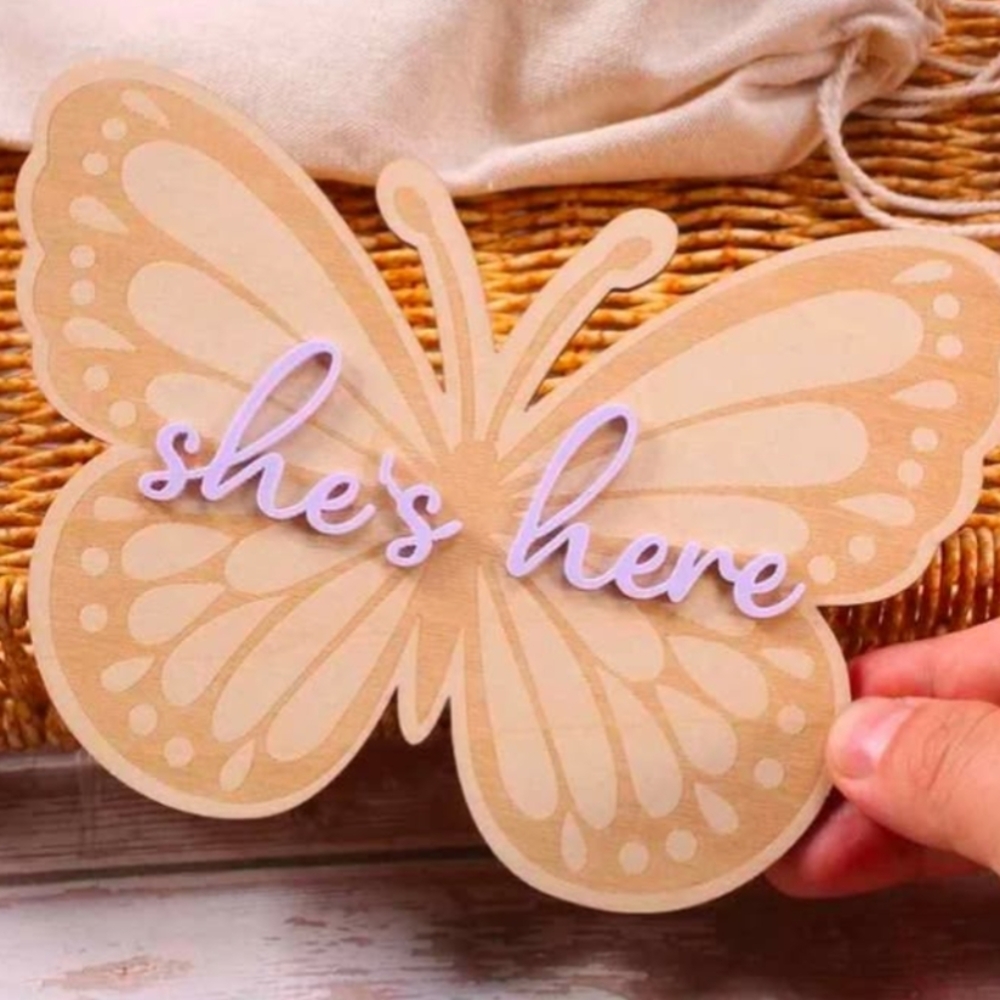 New Butterfly Birth Announcement Plaque with 'She's Here' Text - Tan and Purple